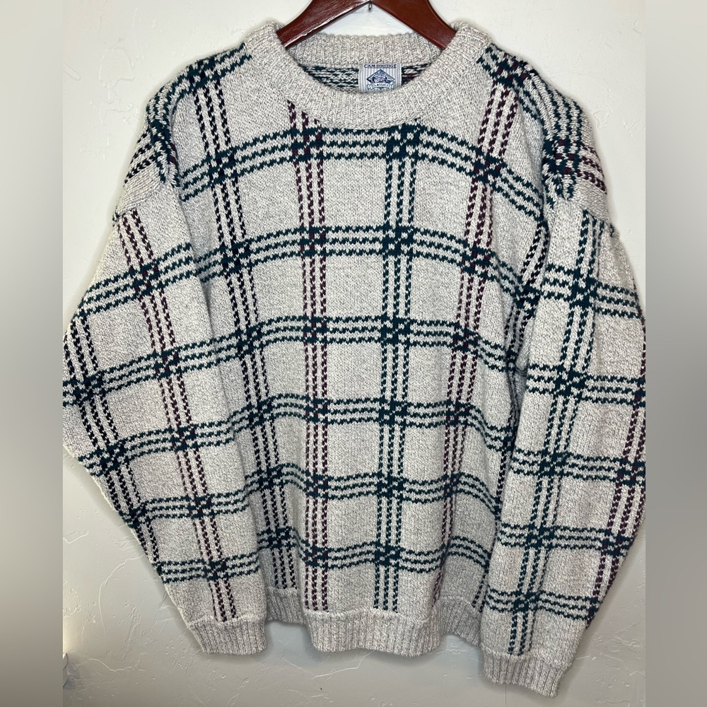 Vintage Cambridge Classics Cotton Knit Sweater Unisex Maroon Green‎ Plaid Large
